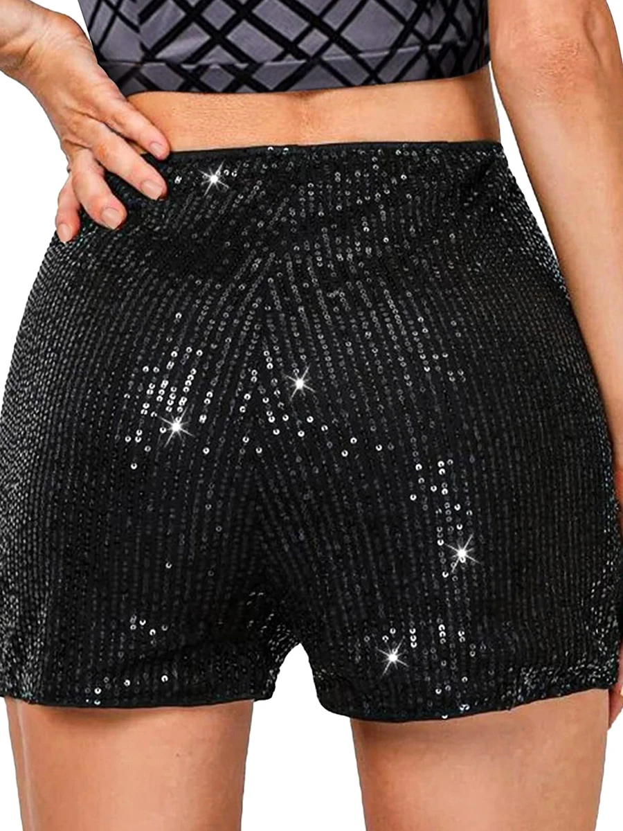 Qianderer Women s Sequin Shorts High Elastic Waist Sparkly Straight Leg Shorts Solid Glitter Sparkly Party Hot Shorts for Party