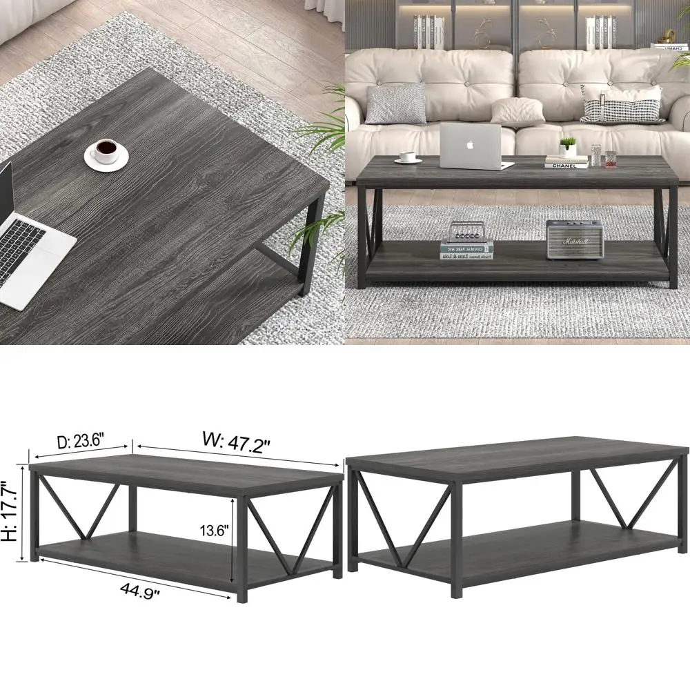 

Rustic Gray Wooden and Metal Industrial Coffee Table with Storage Shelf, 47 for Living Room