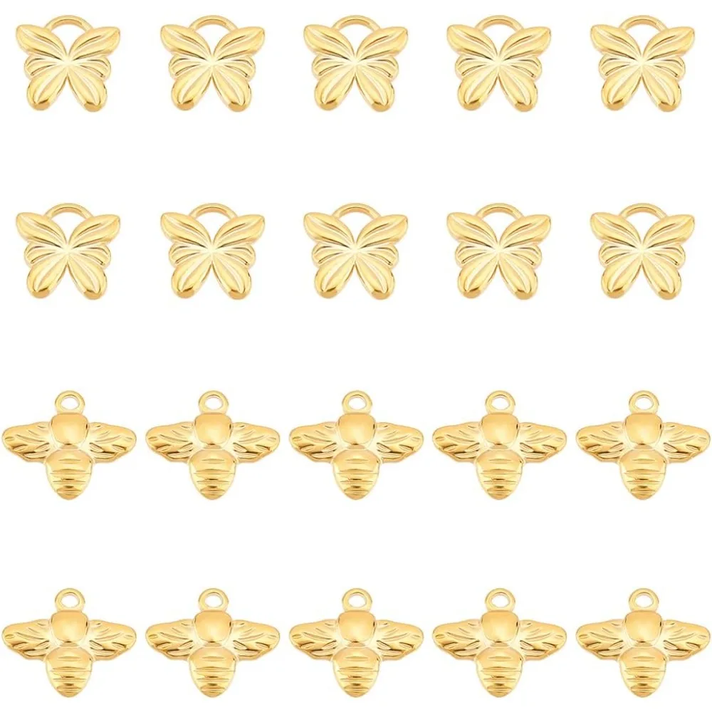 

20Pcs 2 Styles Bee Charms Stainless Steel Bee and Butterfly Charms Textured Color Bumble Bees Charm for Bracelet Necklace