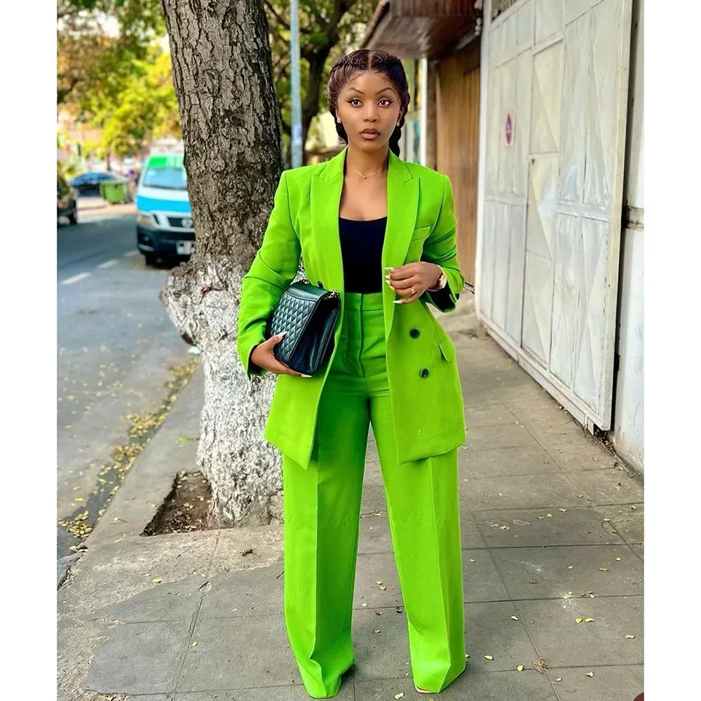 Chic Women Suits 2 Piece Fashion Peak Lapel Double Breasted Blazer with Full Length Pants High Street Casual Basics Pants Sets