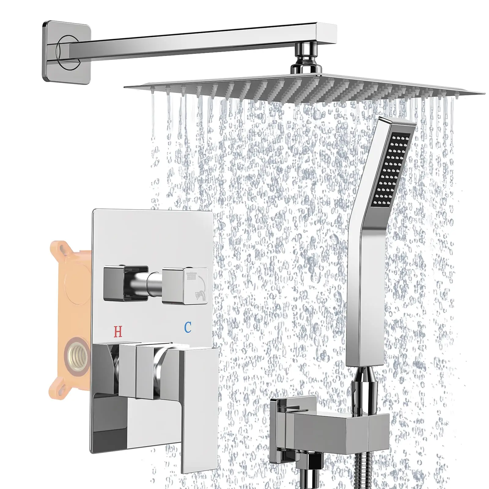 

Rain Shower System 10 Inch Square Rainfall Head High Pressure Wall Hand Sprayer Rough-in Valve Trim Kit Mixer Shower Combo Set