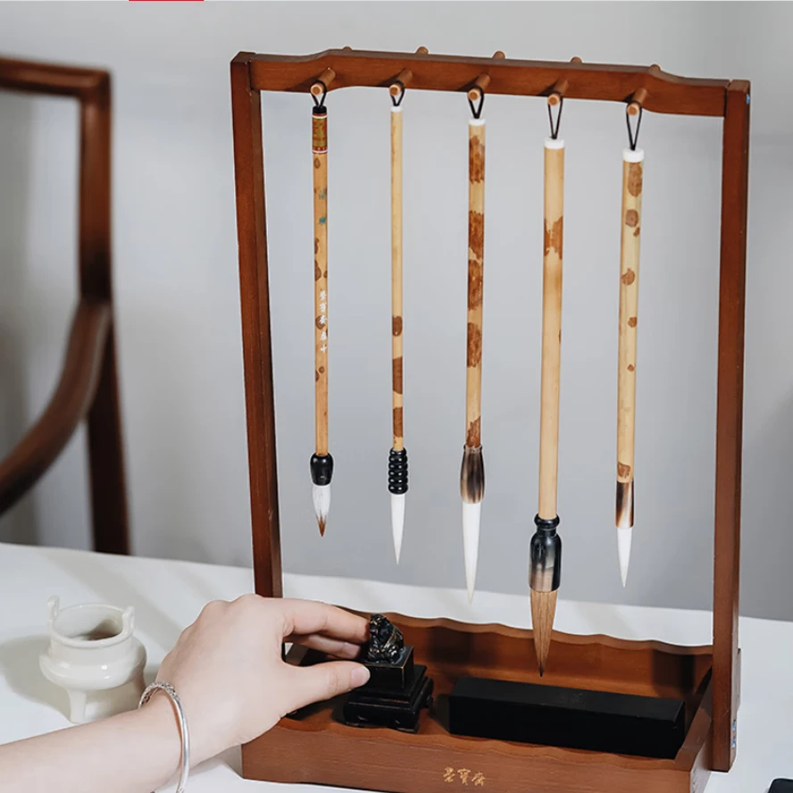 Solid Bamboo Brush Hanging Rack - Multi-functional Brush Rest & Hill, ArtCalligraphy & Painting Supplies Desk Art Organizer