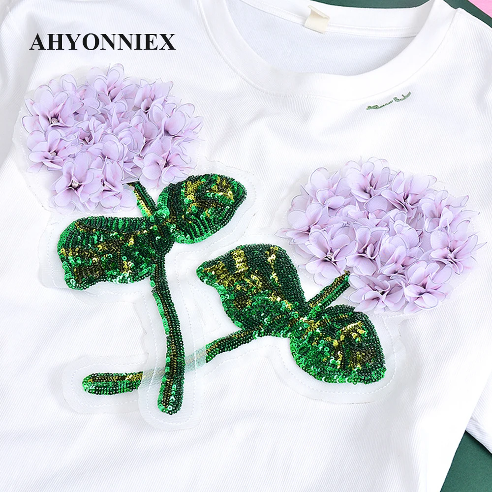 1 Piece Large Grace Beaded Sequins Hydrangea Flower Patch Green Leaf DIY Dress Clothes Applique