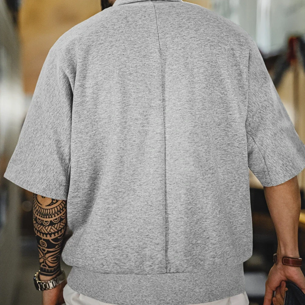 Maden Vintage Half-Zip Boro Style Short Sleeve Polo Shirt Men's Summer Indigo Dyed Printed Loose Collar T-Shirt Casual Gray Tops
