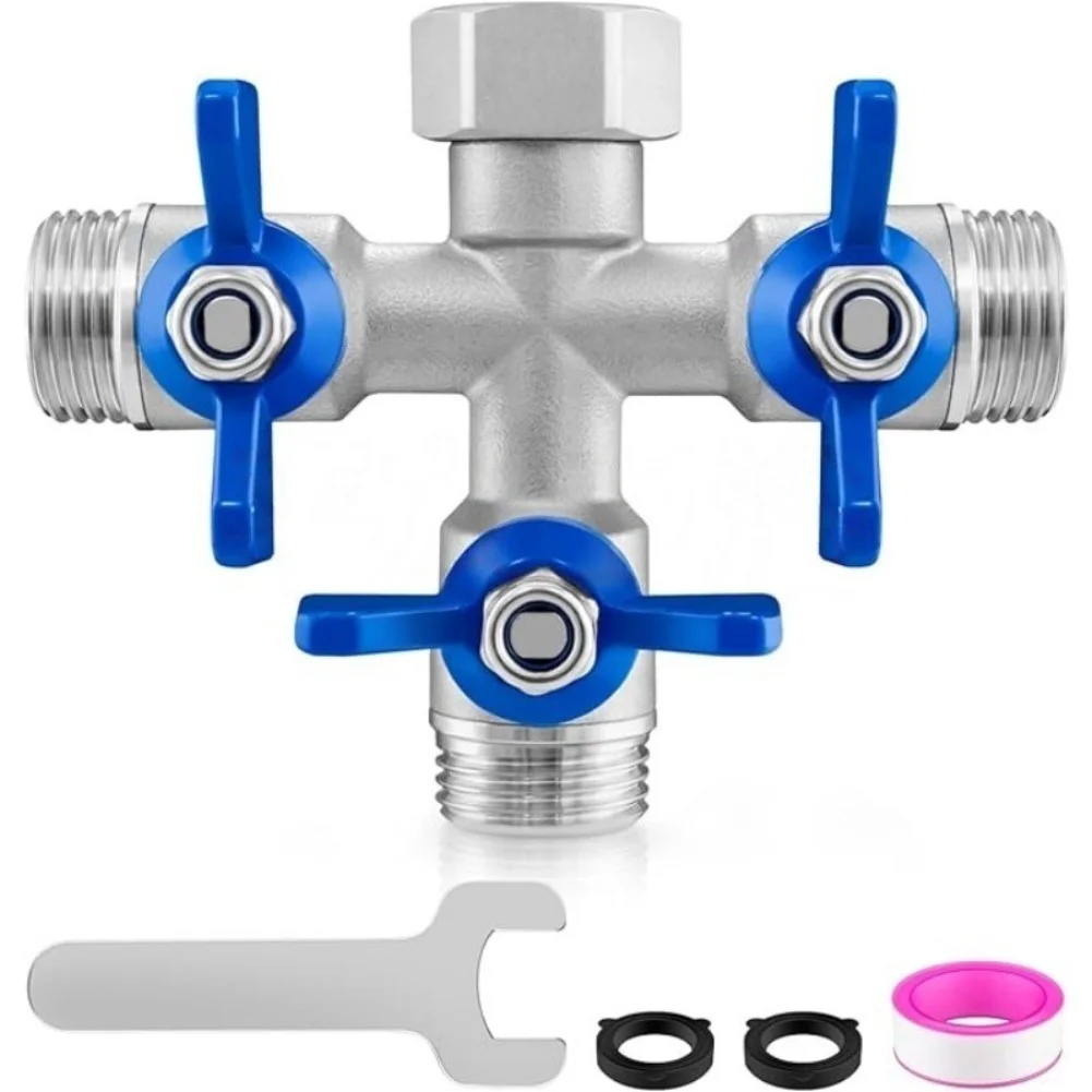 3-Way Garden Hose Splitter with 3 Independent Shutoff Valves Full Bore 0.59 Inch Ball Valve 304 Stainless Steel