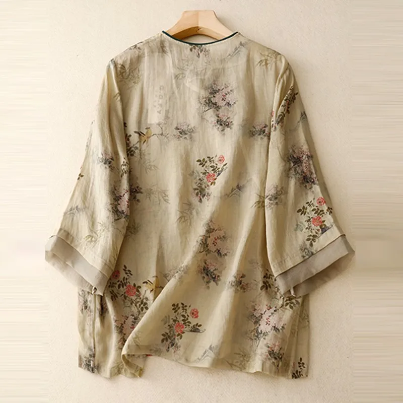 

Women New Arrival 2025 Summer Vintage O-neck Floral Print Loose Female Tops Shirts B3785 Chinese Style Casual Shirt