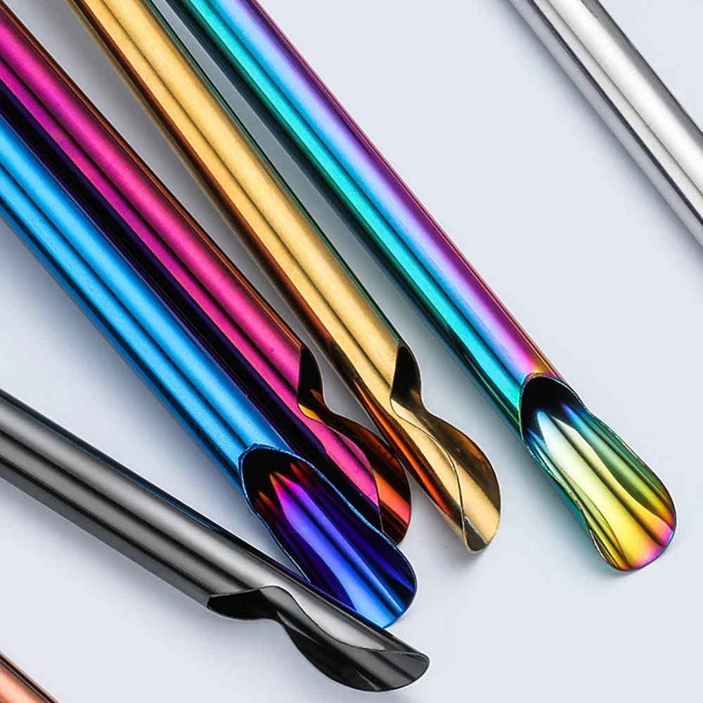 Reusable 304 Stainless Steel Straw Pearl Milkshake Bubble Tea 7Pcs Straw with Brush Bag Set Stirring Smoothie Spoon Shaped Straw