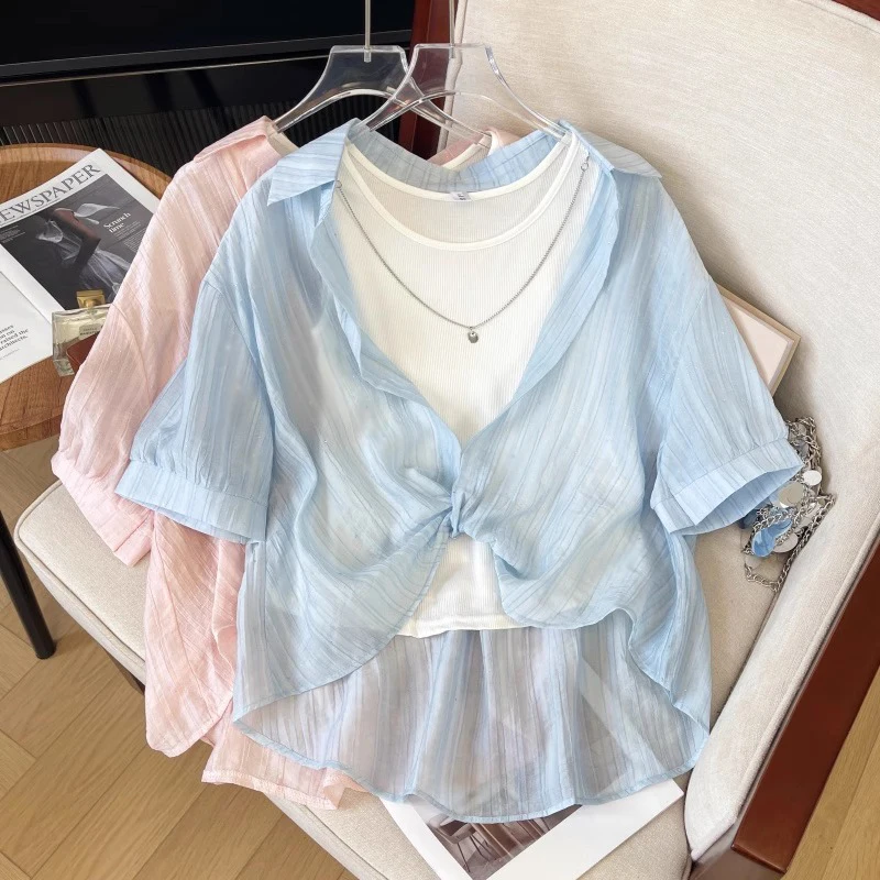 Csa de Manga Curta Azul Claro Fena, Nova Coleção de Verão, Tamanhos andes, Blusa para Mulheres Gordinhas, Top de Cam...