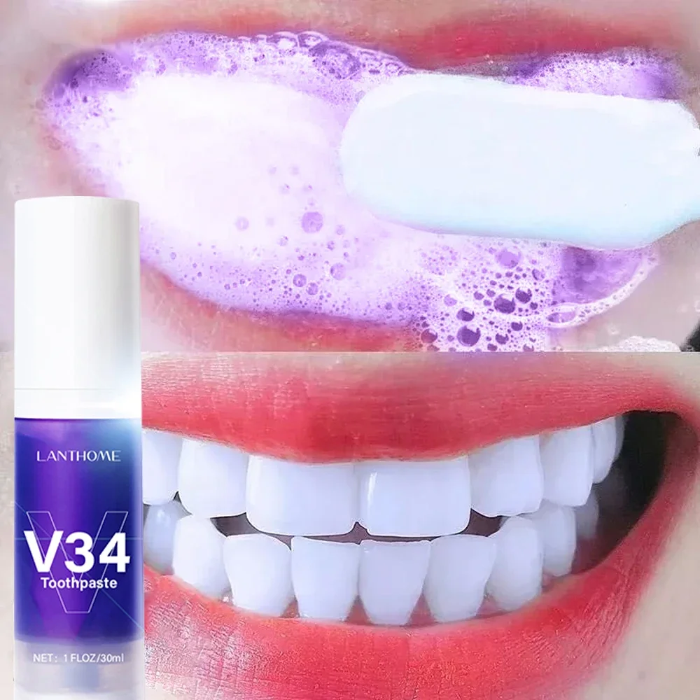 Purple Whitening Toothpaste Remoção, Plaque Stain Corrector, Dentes Esmalte, Fácil de reduzir amarelecimento, Oral Clean Care, V34 Pro