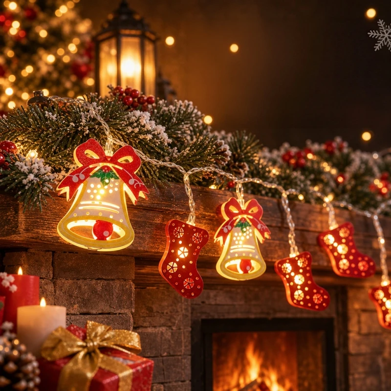 Christmas LED String Lights 2026 New Iron Art Red Socks Bell Flash Fairy Lights Window Xmas Tree Home Party Holiday Decor Lights