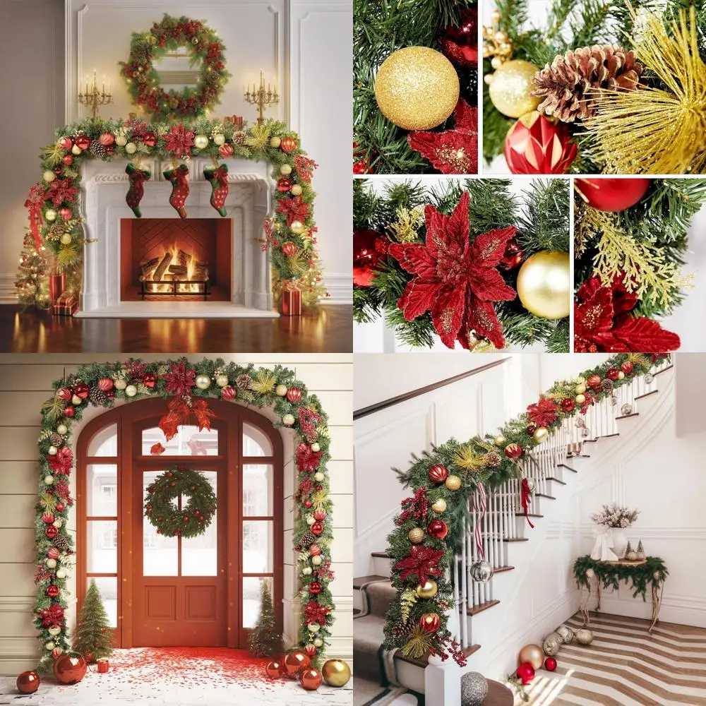 

Battery-Powered 9ft 108 Red & Gold LED Christmas Garland with 50 Lights for Holiday Decor