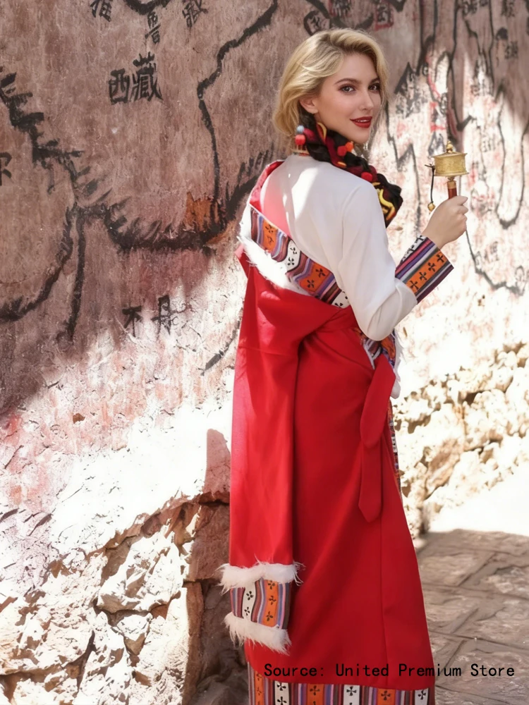 رداء مرجاني تبتي للجنسين شتاء دافئ سميك مخملي كم طويل حفلة الرقص الشعبي له #6