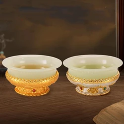 Silver Tibetan Ghee Bowl, Zinc Alloy, Tantric Holy Water Cup, Tribute, Engraved Buddhist Stone Bowl, Desktop Decorative , 9.7cm