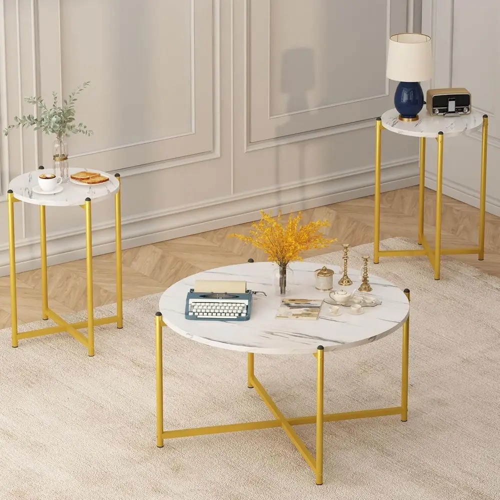 

aux Marble Coee Table Set o 3, 1 Coee Table & 2 Soa Table, Round Tabletop and Metal Bas,Perect or Living Room Aparent, White