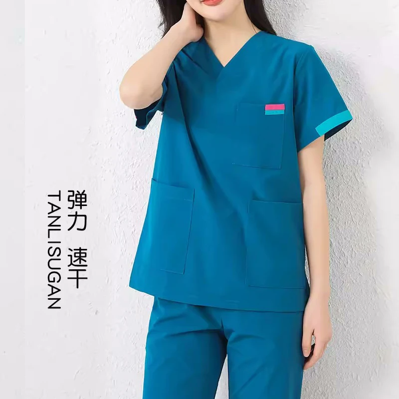 Stretching Scrub Set Women Medical Uniform Plug Size Nursing Clothes Short Sleeve Scrub Top High Quality Scrub Trousers Workwear