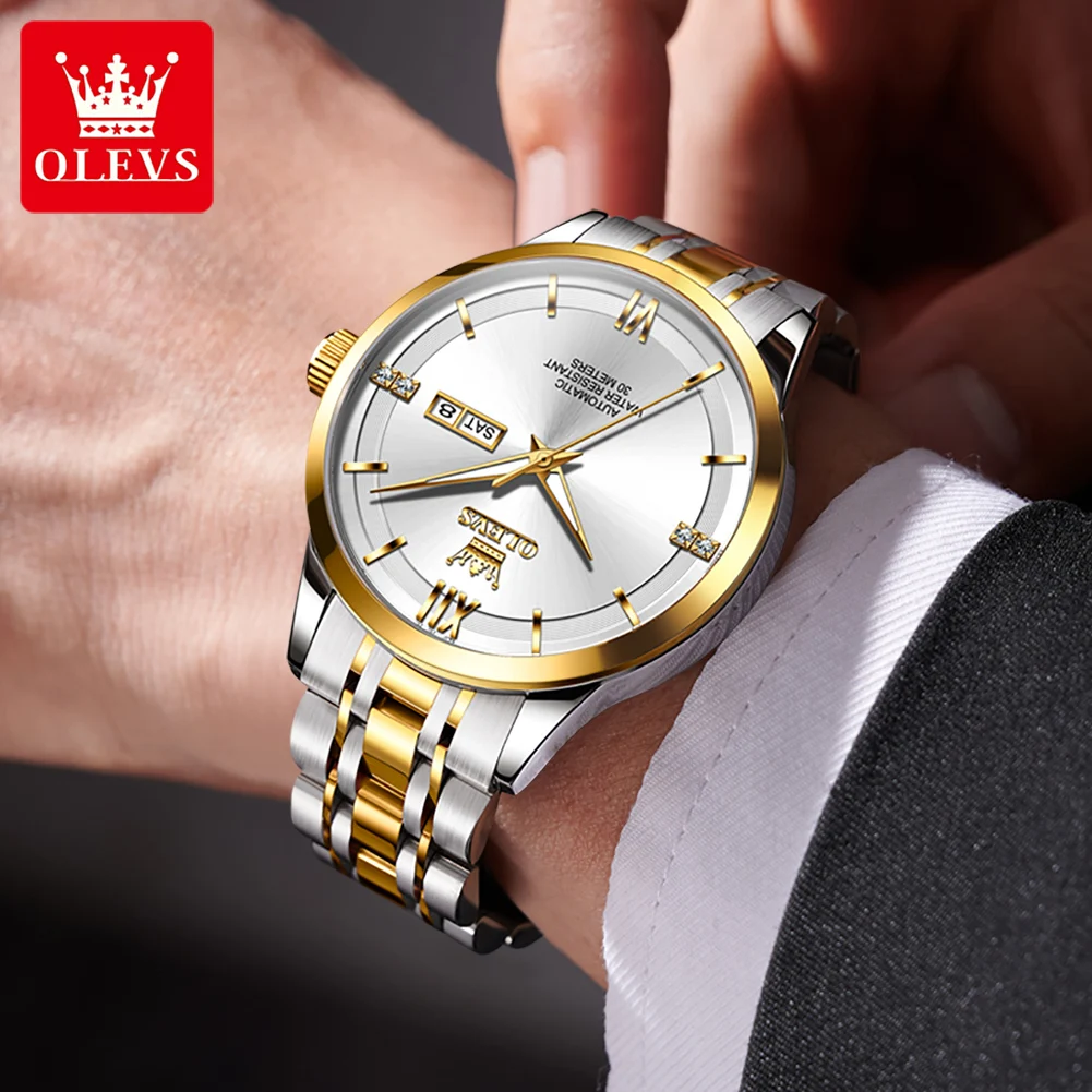 OLEVS 7061 Herrenuhr, Dual-Kalender, mechanische Uhr für Männer, hohe Härte, Spiegel, Edelstahl, wasserdicht, Luxus-Handuhr