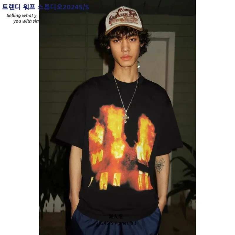 تي شيرت صيفي جديد من High Street American Flame ort Sve تي شيرت رجالي فضفاض من القطن الخالص ثقيل الوزن للأزواج ملابس شبابية