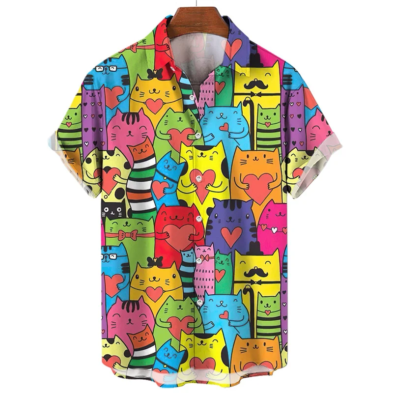 

Cartoon Cat Shirts For Men Trendy Y2k Streetwear Summer Simple Design Fashion Lapel Short Sleeve Women Shirt Tops Clothing