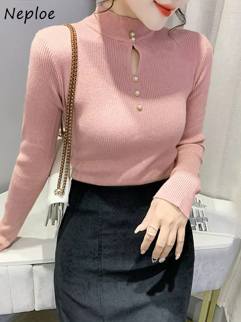 Neploe Stand Neck Hollow Out Chic Buttons Pull Femme Autumn Winter Jersey Mujer Sweater Y2k Solid Color Long Sleeve Sweaters