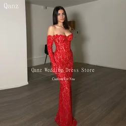 Qanz Red Full Lace Illusion Wedding Party Dress Mermaid Sweetheart Evening Dresses Corset Back Prom Dresses 2025 Customized