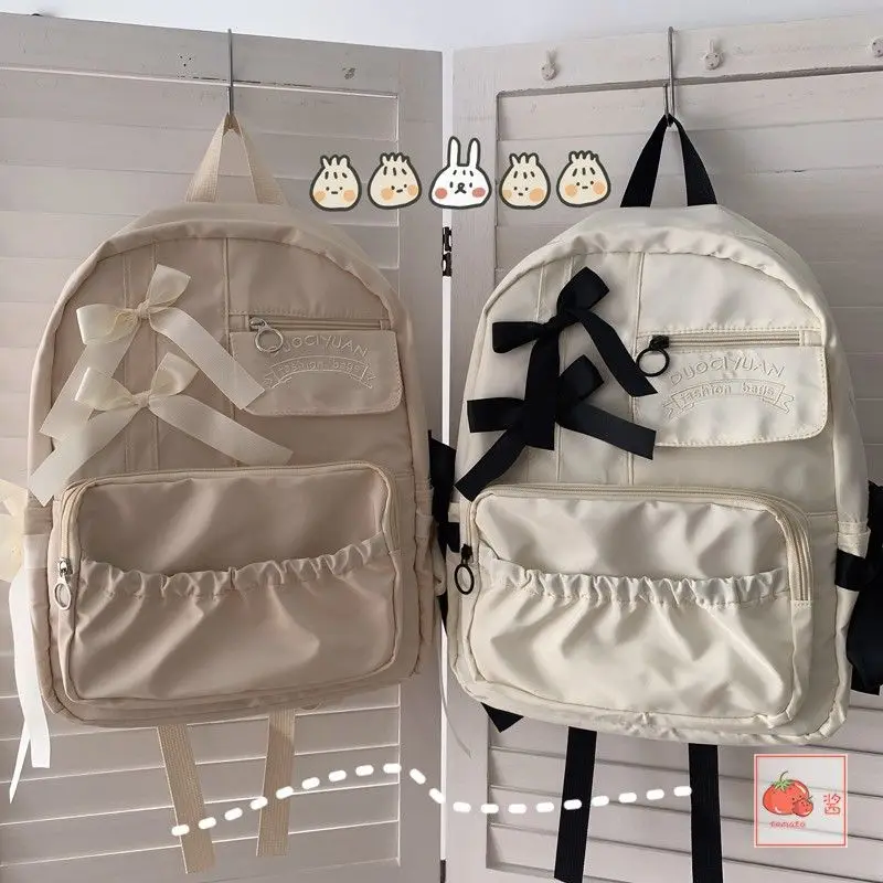 Lovely Bowknot All-match Backpack Forwomen Casual Japanese Style Lolita Zipper Soft Handle School Backpack for College Students