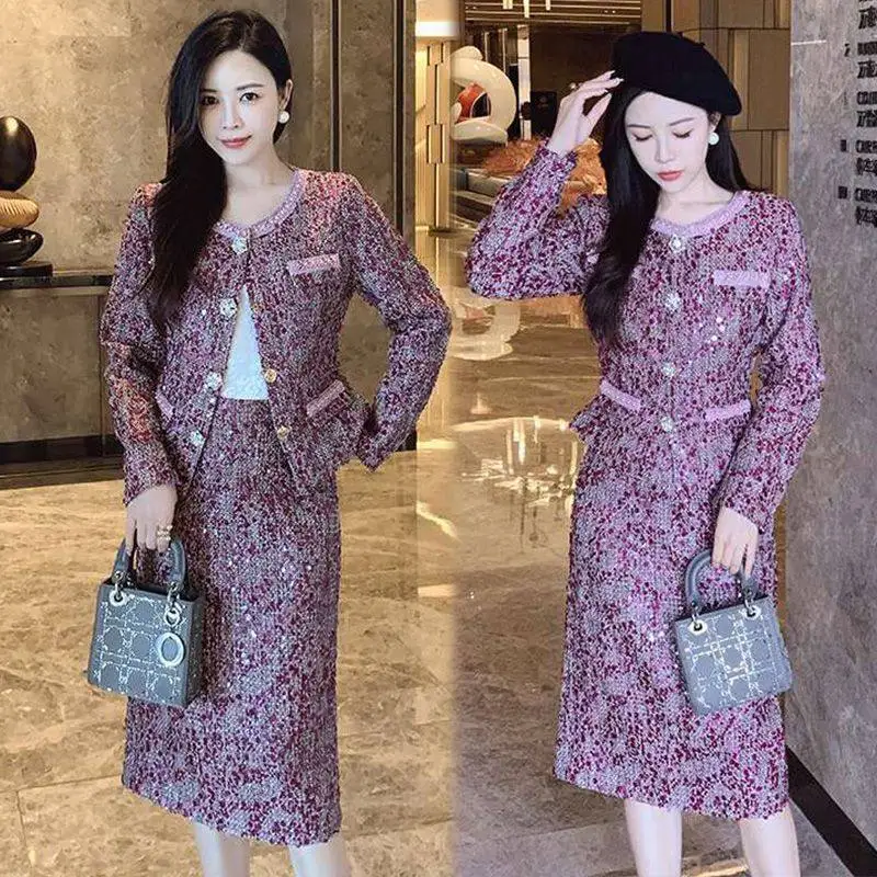 

Модный комплект в корейском стиле для женщин, весенне-осенний новый стиль, уменьшающая возраст, юбка до половины тела, комплект из двух предметов