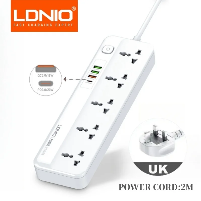 LDNIO Stekkerdoos met 4 USB-pop-aansluitingen 2M verlengkabel Netwerkfilter USB Snel opladen Multi-uitgang Overspanningsbeveiliging Kr-stekker