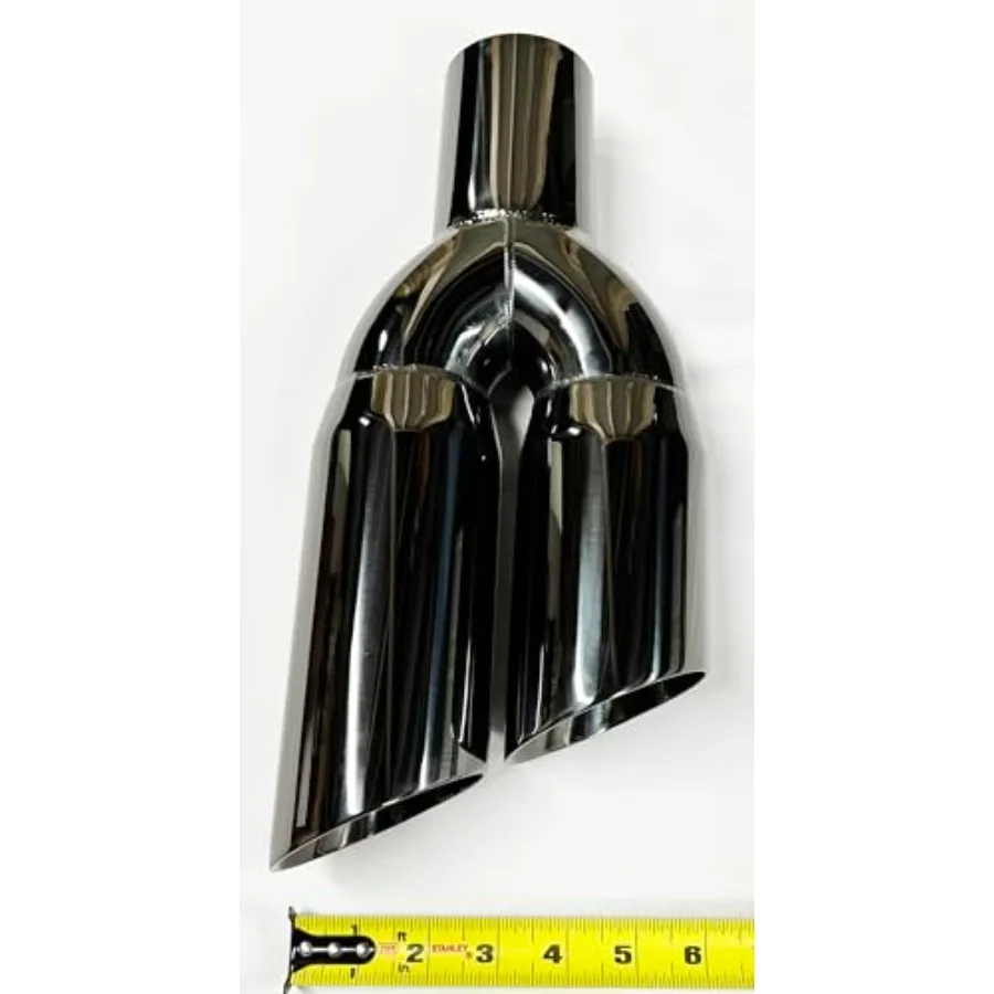 Ujung Knalpot Dual Round Slant dengan Inlet 3.00 dan Outlet 3.00, Panjang 13.00, Finishing Hitam Chrome pada Baja Tahan Karat 304, Ideal untuk Hi
