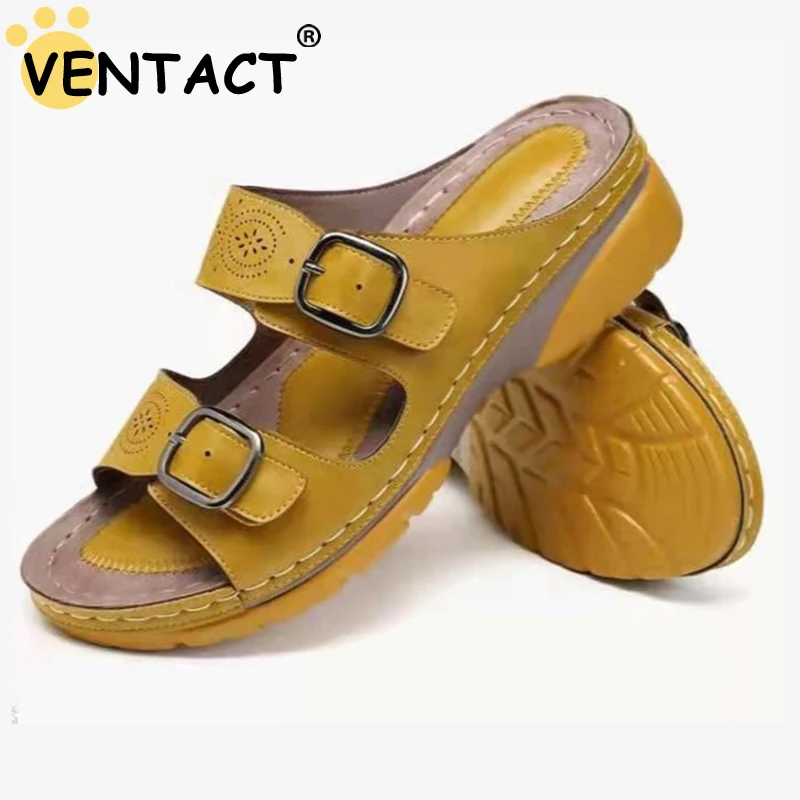 VENTACT Belt Buckle Slippers Wedges Sandals Shoes for Women Othpedic Outdoor Walking Slippers Non-slip Open Toe Ladies Shoes