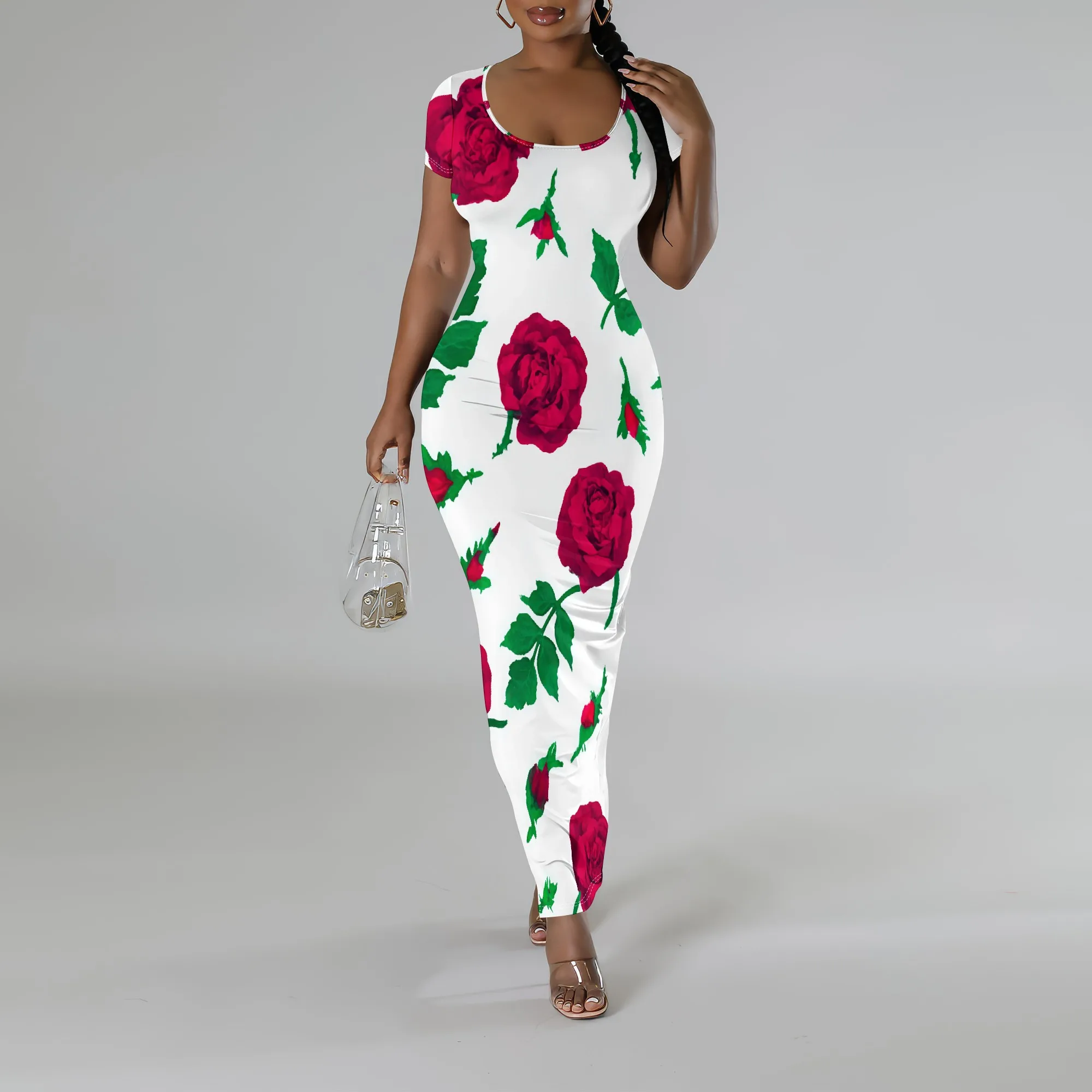 

Women's Red Rose Print Maxi Dress Bodycon Scoop Neck Summer Holiday Party Sundress XS-3XL