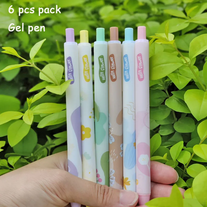 Kawaii 6 PCS PACK Gel Pen Funny Hello Flower Style Quick-Drying Carbon Pen Office Aesthetic Stationery Pretty School Supplies