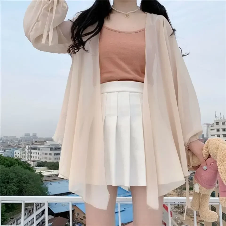 2024 Summer Simplicity Sweet Chiffon Sunscreen Solid Color Thin Cardigan Long Sleeve Shirts Ladies Casual All-match Top Tee A156