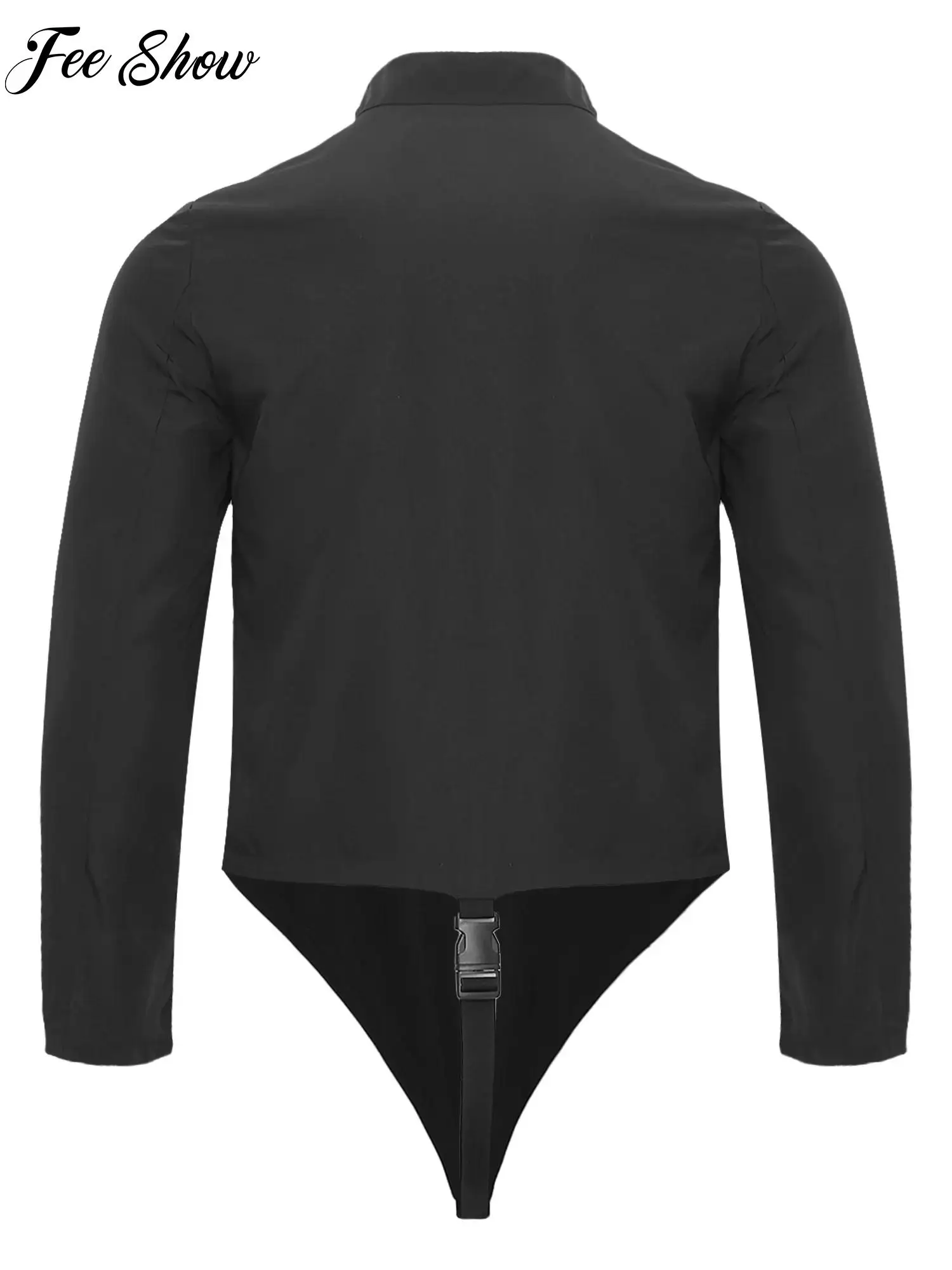 Men Fencing Uniform Bodysuit Mock Neck Long Sleeve Side Front Zipper Buckle Crotch Leotard for Competition Performance