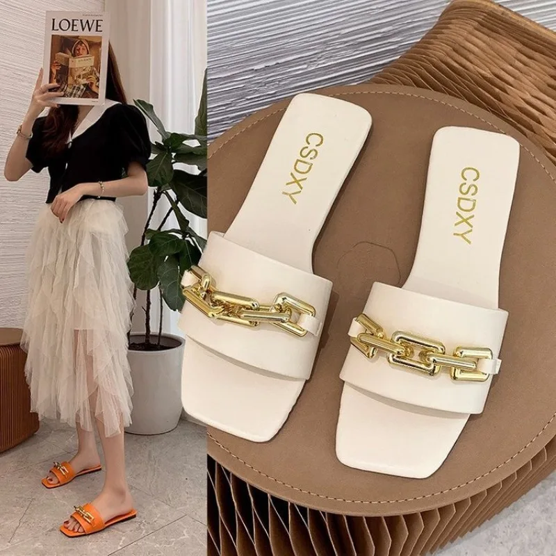 New Chain Women Slippers Summer Flat Outdoor Luxury Square Toe Design Sandals Women Slides New Korean Trend Plus Size 35-42
