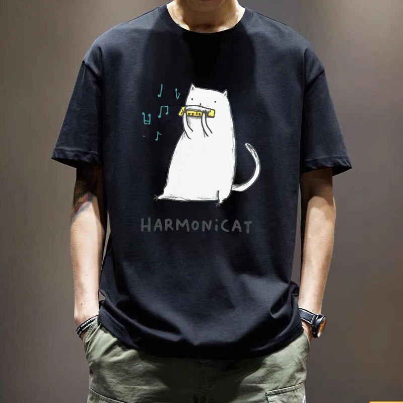 Harmonica Playing Cat Tshirt Man Loose Casual Breathable Tee Shirt Novelty Fashion Streetwear Comfortable Cotton Short Sleeve