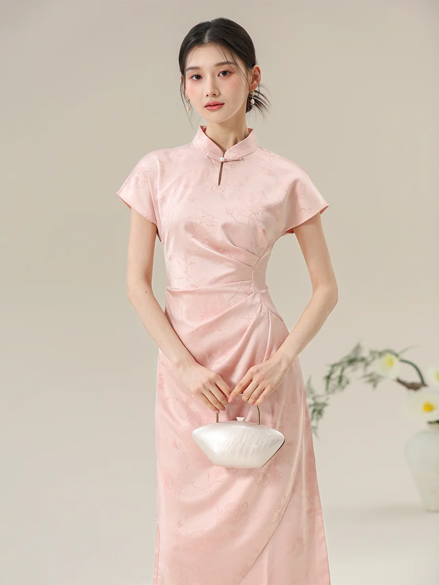 

Ele Pink Silk Long Qipao Dr Китайский Sle New Faion Женский Dr Subtle Charm Повседневная одежда с низким разрезом из полиэфирного волокна