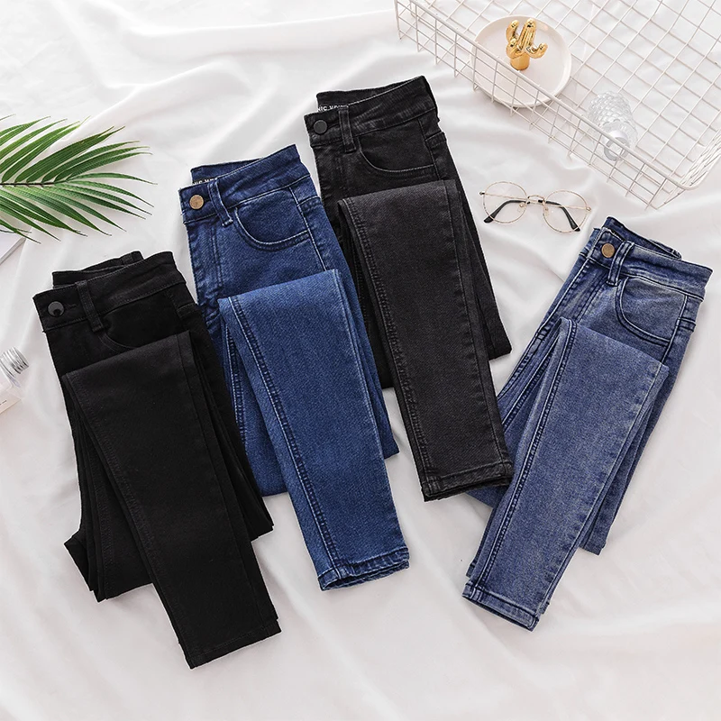 

High Waist Slim Fit Black Denim Jeans Women's Pencil Pants Elastic Nine Points Korean Style Autumn Season Cotton Stretch Denim