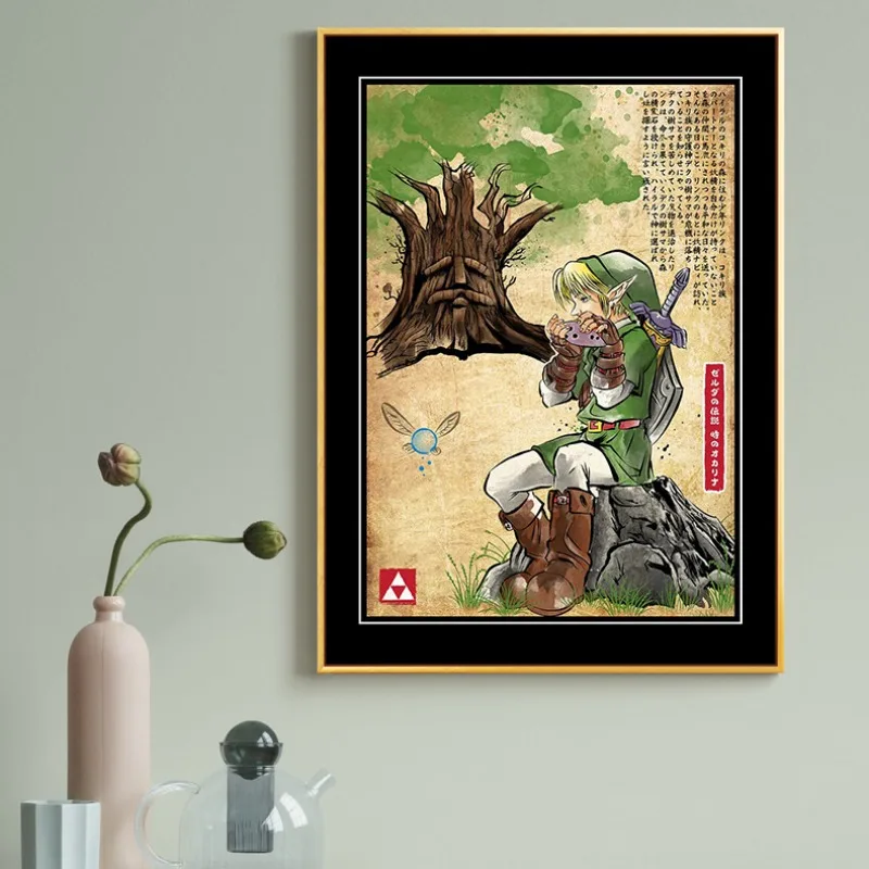 Video Game Legend Link Canvas Print Japanese Sumi Ink Watercolor Painting Kokiri Forest Deku Tree Anime Traditional Style Decor