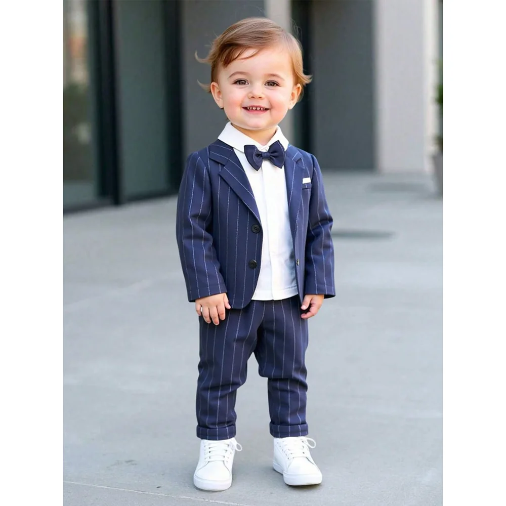 

Navy Blue Striped Suits for Boy Chic Single Breasted Notch Lapel Kids Outfits Formal Casual Fashion Baby Boy Clothes 2 Piece