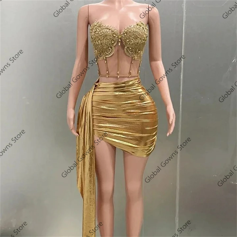 Gold Sweetheart Short Prom Dress For Black Girl Birthday Party Dresses Beaded Appliques Pleats Back Out Mini Cocktail Homecoming