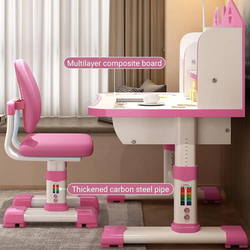 Pink Adjustable Height Kids Study Desk and Chair Set with Multi-Sectional Design view 3