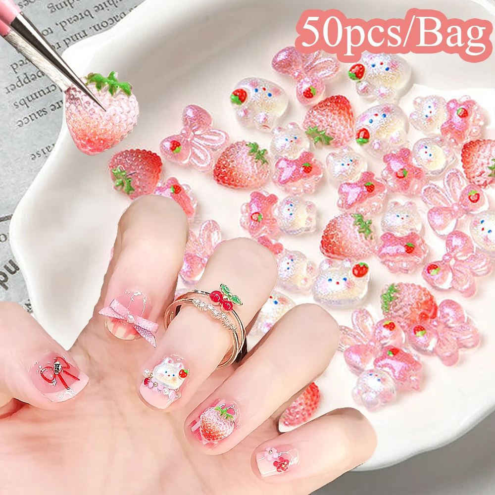 50 Uds. De dijes 3D para uñas con lazo de conejo y fresa, bonitos dibujos animados, Aurora rosa, gradiente, brillo, accesorios para uñas de conejo Y2K, Mini decoración para uñas ﻿