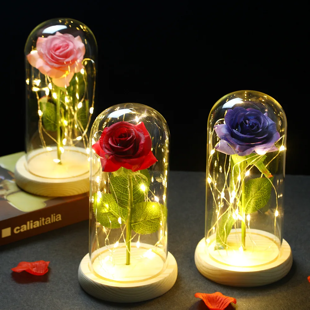 Flashing colorful LED night with Black Base Galaxy Rose In Flask Flower For Valentine'S Day Gift Wedding Decor