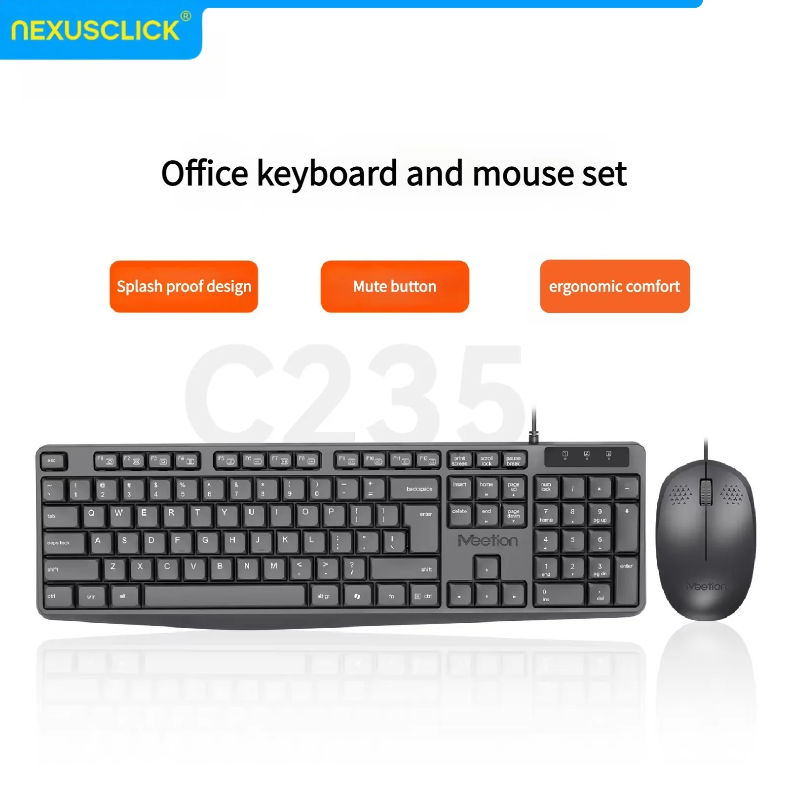 NexusClick Arabic English Wired Keyboard Mouse Combo,104 Keys Splash Proof Silent Ergonomic Keyboard Quiet Mouse Plug and Play
