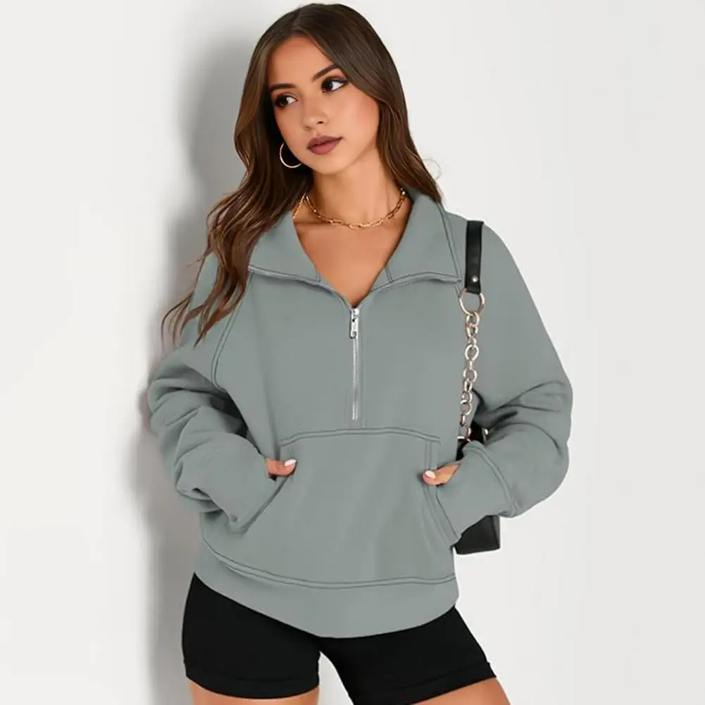Women's Solid Color Plush Sweatshirt Half Zipper Short Stand Collar Temperament Commuter Pocket New Pullover Sweatshirt 2025