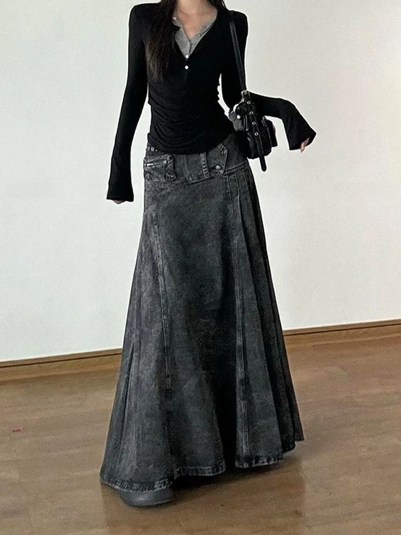 American Y2K Millennium Hot Girl Wide Hem Denim Skirt Women's Summer Vintage Design Versatile Workwear Long Skirt