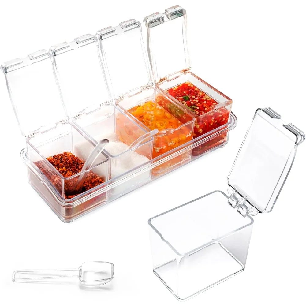 

Seasoning Box, 4 Piece Plastic Storage Container Condiment Jars with Lids and Spoon, Storage Container Spice