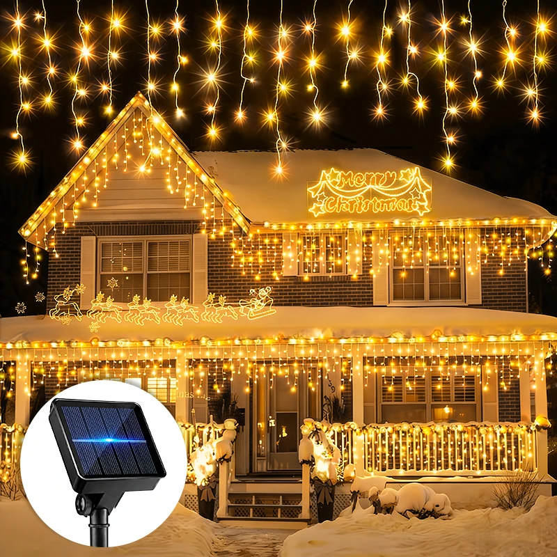 3.5M96LED 7M162LED Solar Curtain Icicle Lights Outdoor IP54 Rating Waterproof LED String Lights 8 Modes Garden Fence Christmas D