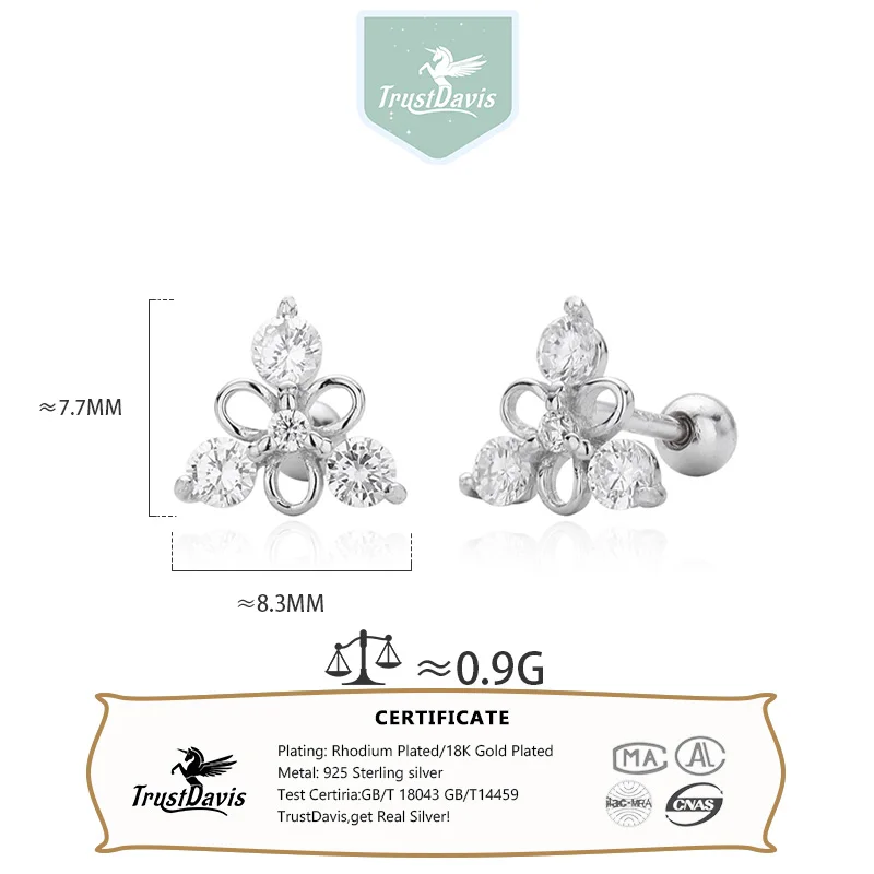 Trustdavis Real 925 Silver Fashion Simple Triangular Zircon Screw Earrings for Women Daily Wear Jewelry Gift DS4752