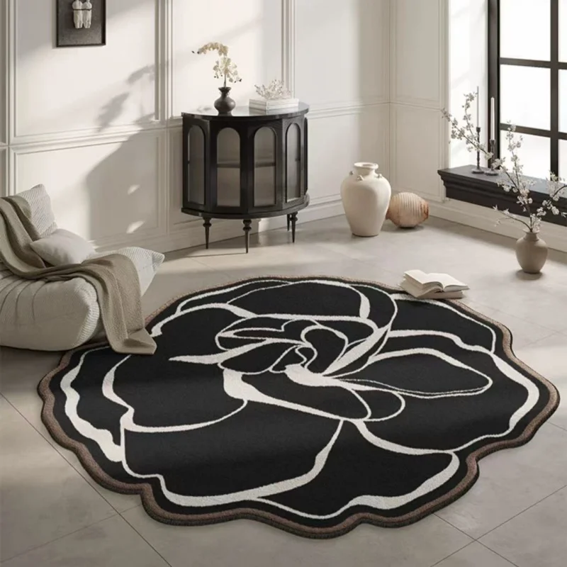 

Black Flowers Living Room Decoration Carpet French Cream Style Rugs for Bedroom Irregular Shaped Rug Home Non-slip Mat
